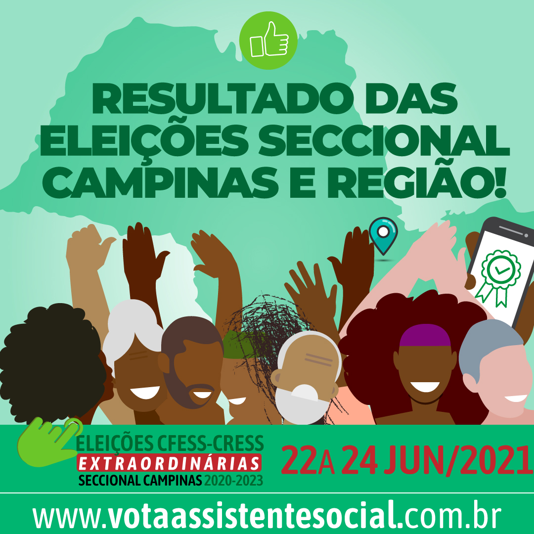Card verde traz logos CFESS e CRESS, mapa de São Paulo marcando Campinas, pessoas diversas celebrando e o texto sobre Resultado das Eleições