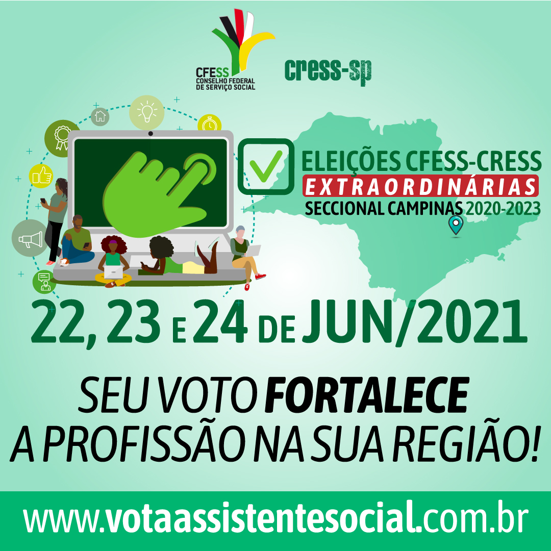 Card verde traz logos CFESS e CRESS, um computador com pessoas conectadas, uma mão clicando e abaixo a chamada para as eleições