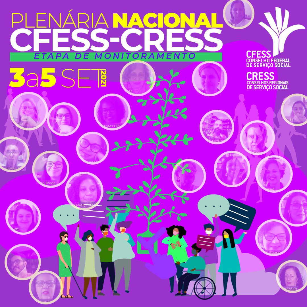 Imagem com fundo roxo e o título Plenária Nacional CFESS-CRESS traz diversos círculos com imagens de participantes do evento. 