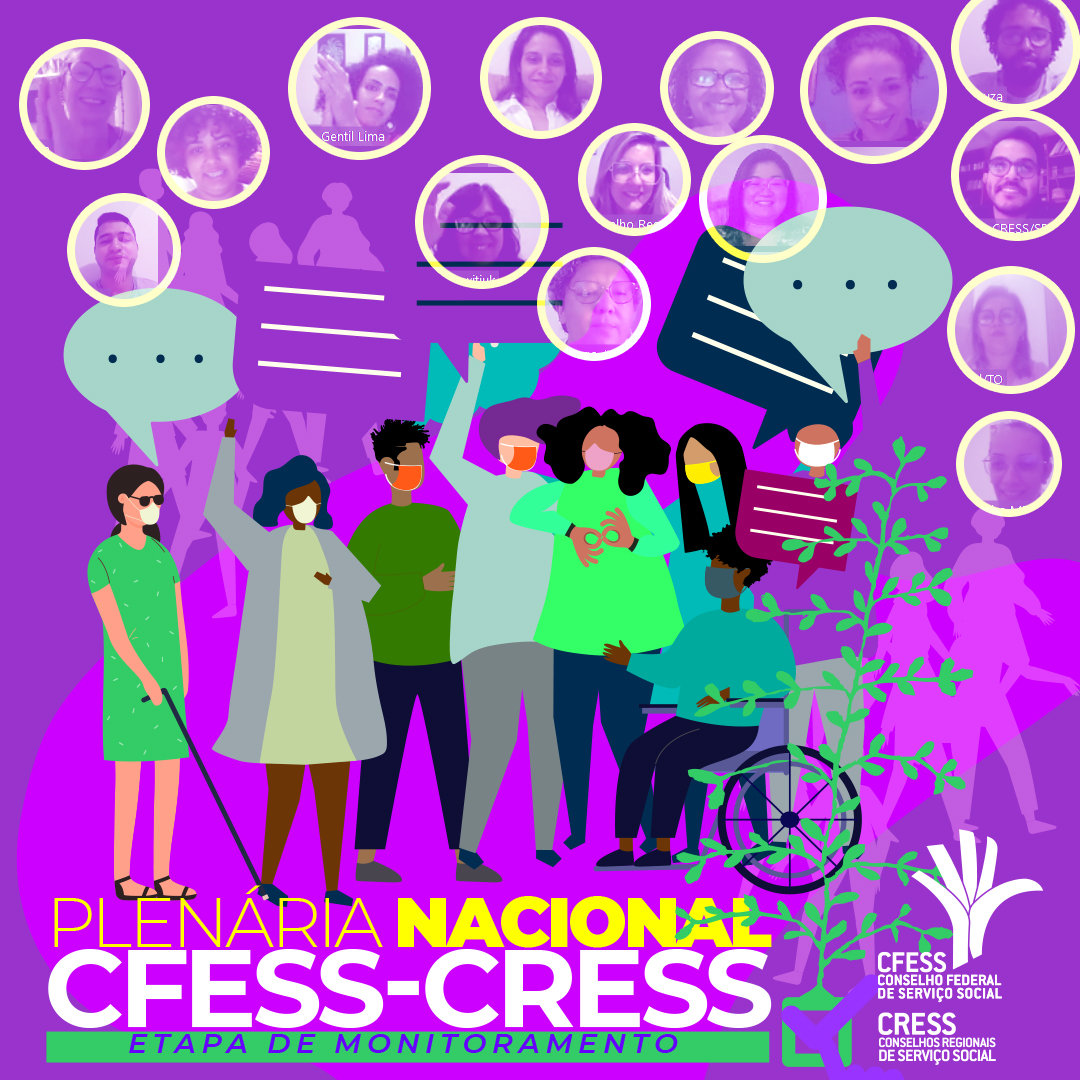 Imagem com fundo roxo e o título Plenária Nacional CFESS-CRESS na parte inferior, traz diversos círculos com imagens de participantes do evento. 