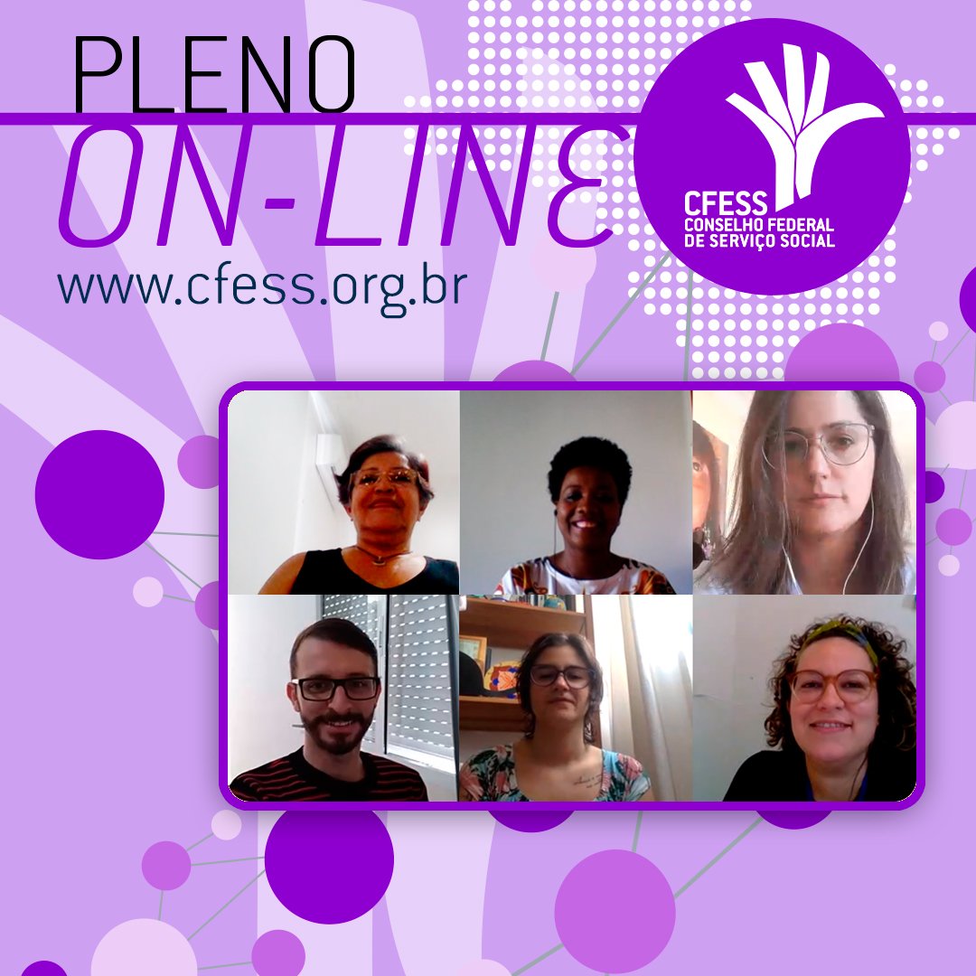 Imagem com fundo lilás e título 'Pleno On-line' traz fotos de conselheiras do CFESS, como se ligadas por uma rede.