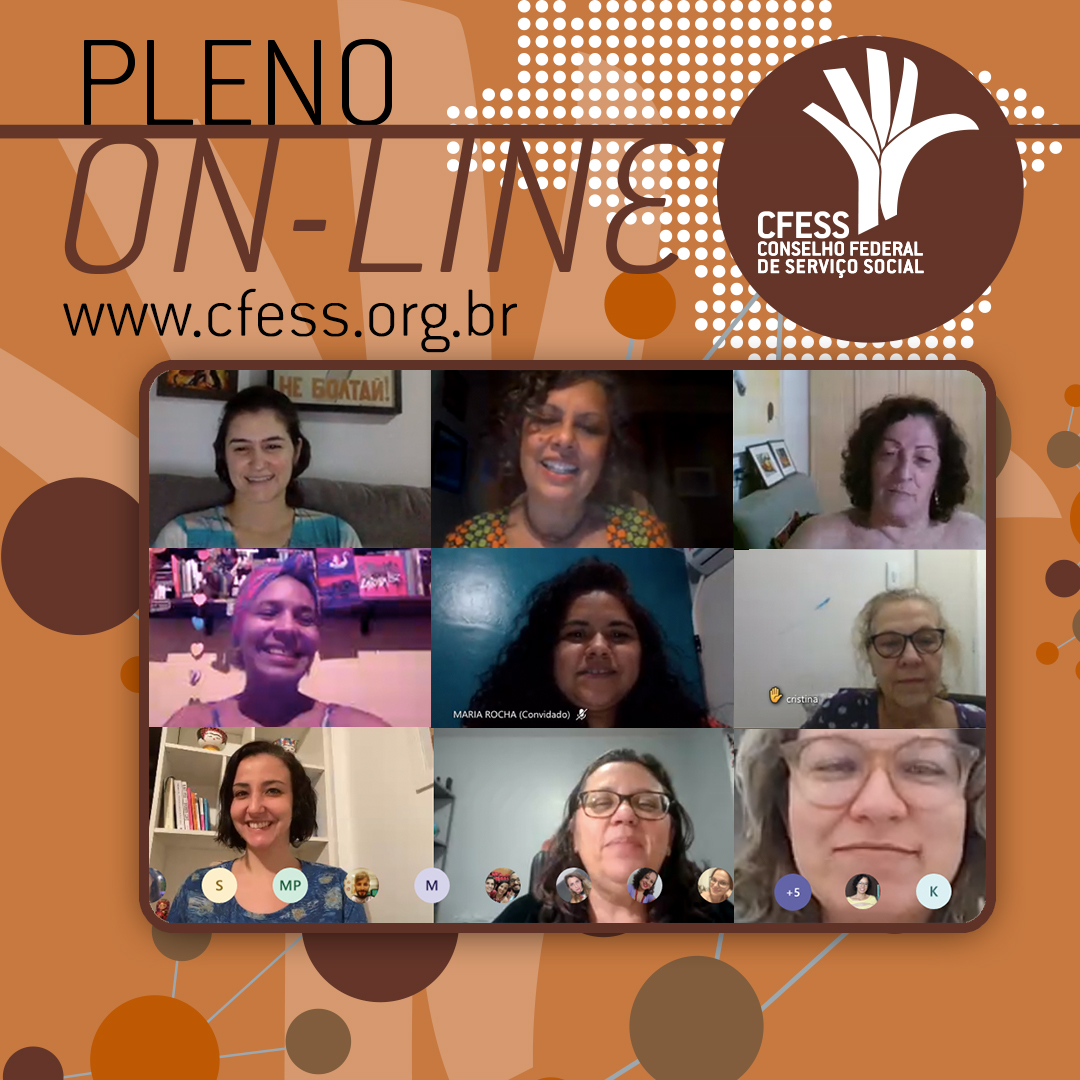 Imagem mostra uma janela virtual com rostos das representantes do CFESS em reunião do Pleno. fundo é marrom.  