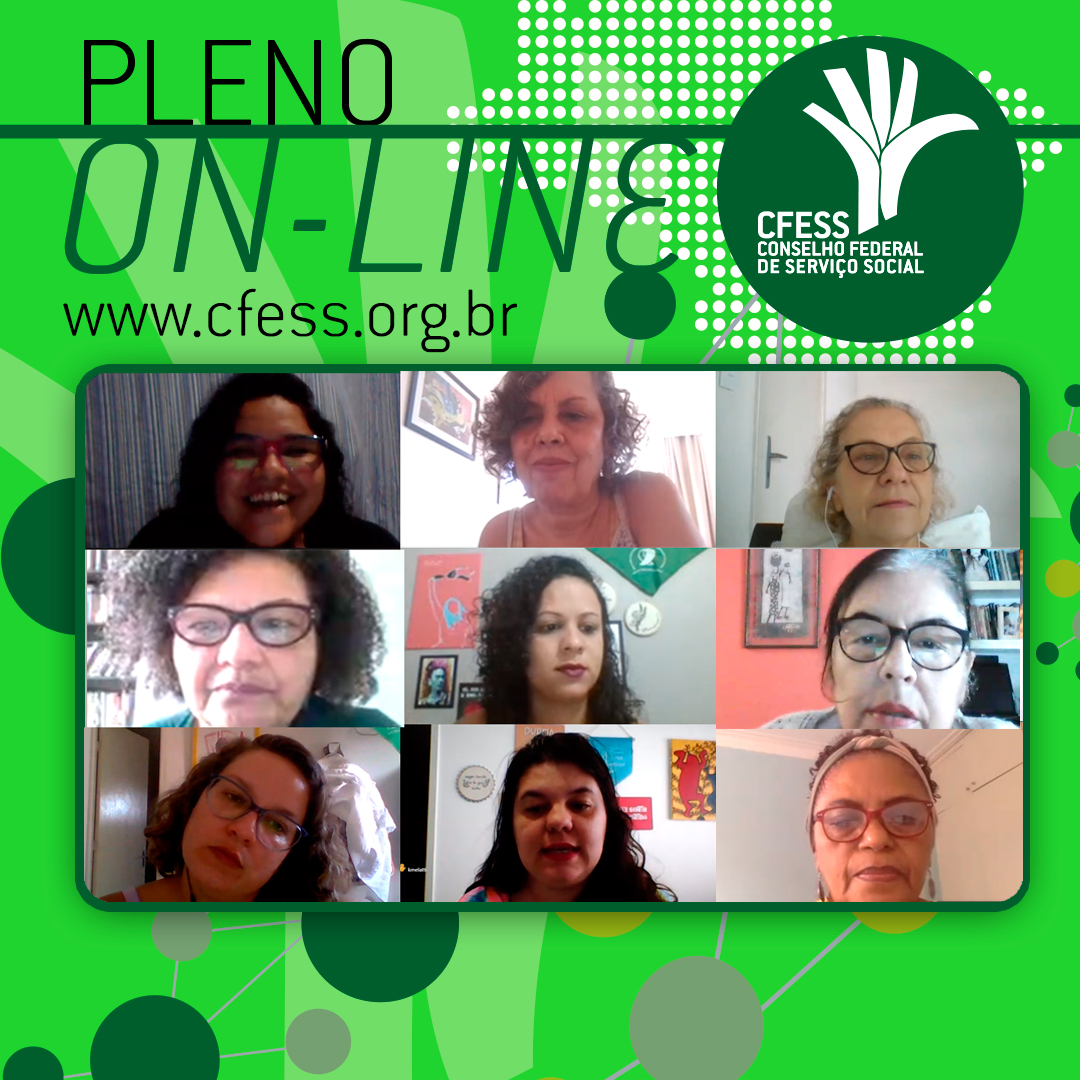Imagem mostra uma janela virtual com rostos das representantes do CFESS em reunião do Pleno. fundo é verde.  
