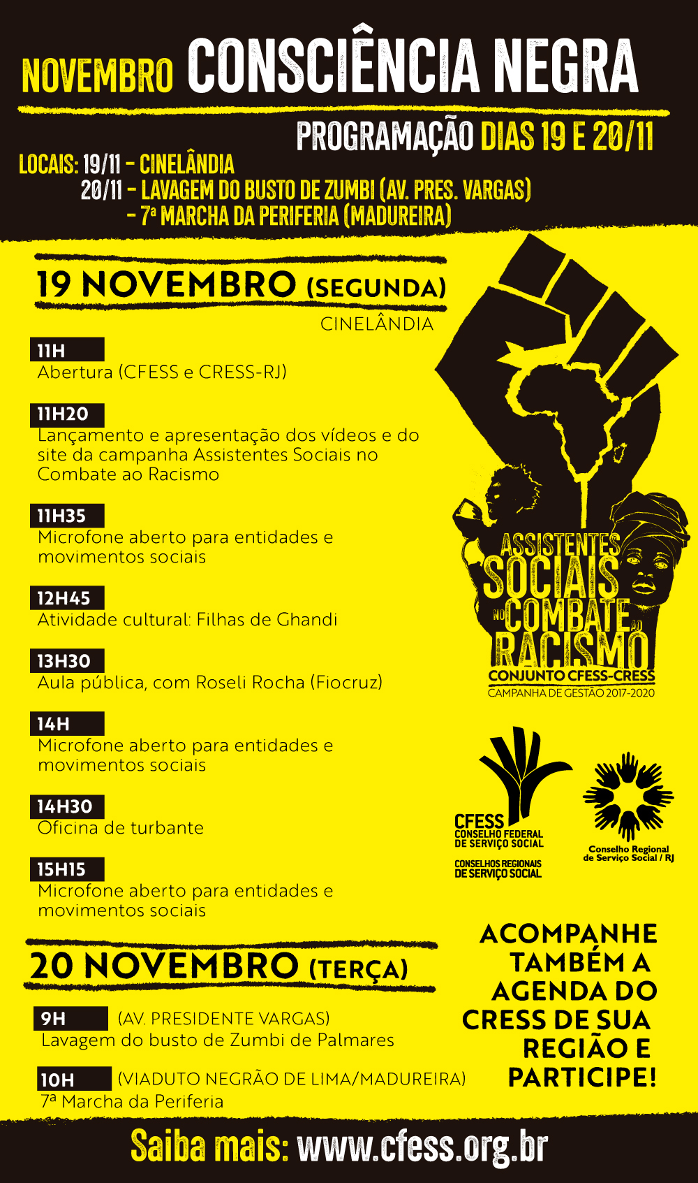 Imagem traz a programação completa dos atos organizados pelo CFSES e CRESS-RJ nos dias 19 e 20 de novembro no Rio de Janeiro