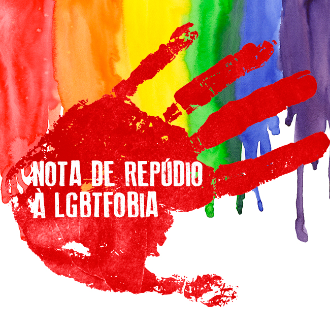 Imagem mostra cores da bandeira LGBT com marca de mão marcada por sangue