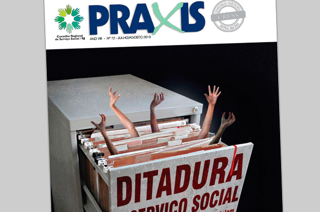 Imagem da capa do Jornal Práxis mostram um arquivo sendo aberto e dele saem mãos de pessoas que pedem socorro