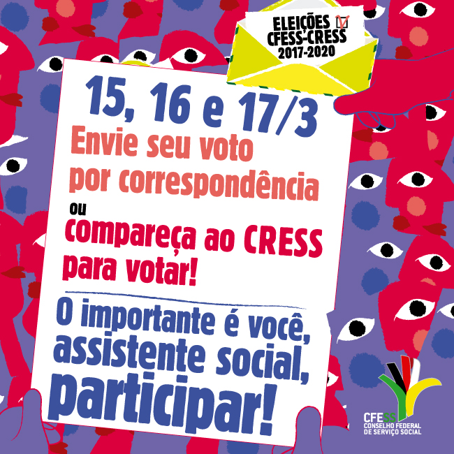 Imagem mostra ilustração abstrata de pessoas segurando uma cédula eleitoral e a convocação convidando assistentes sociais a votarem