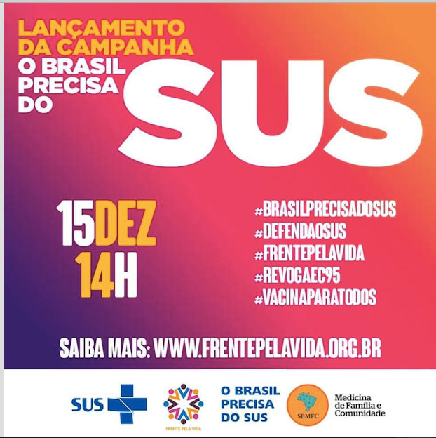 Card de divulgacão do lançamento da campanha o Brasil precisa do SUS, com fundo rosa. 