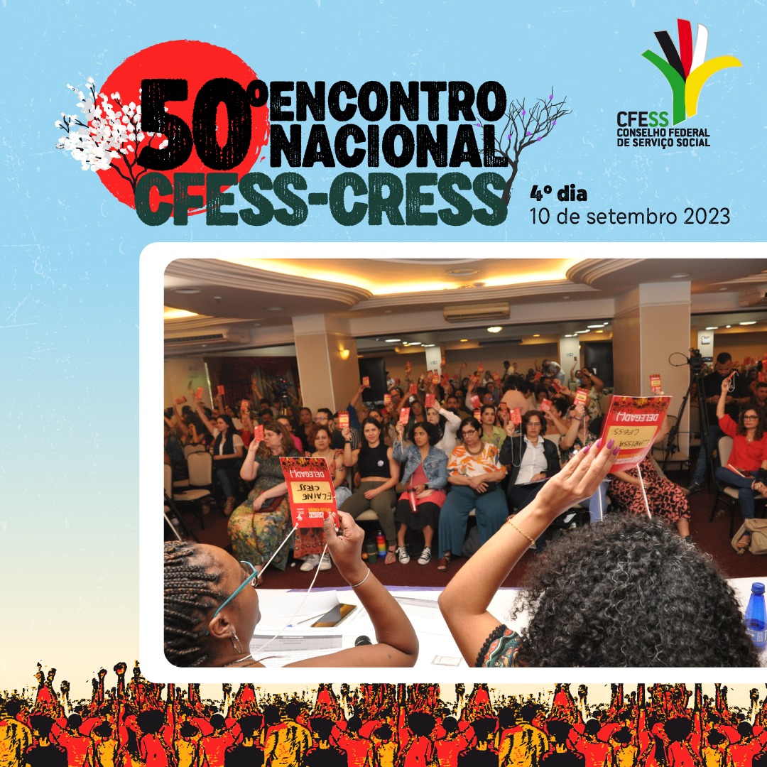Card com a logo do 50º Encontro Nacional traz imagem da plenária votando deliberações, com os crachás erguidos.