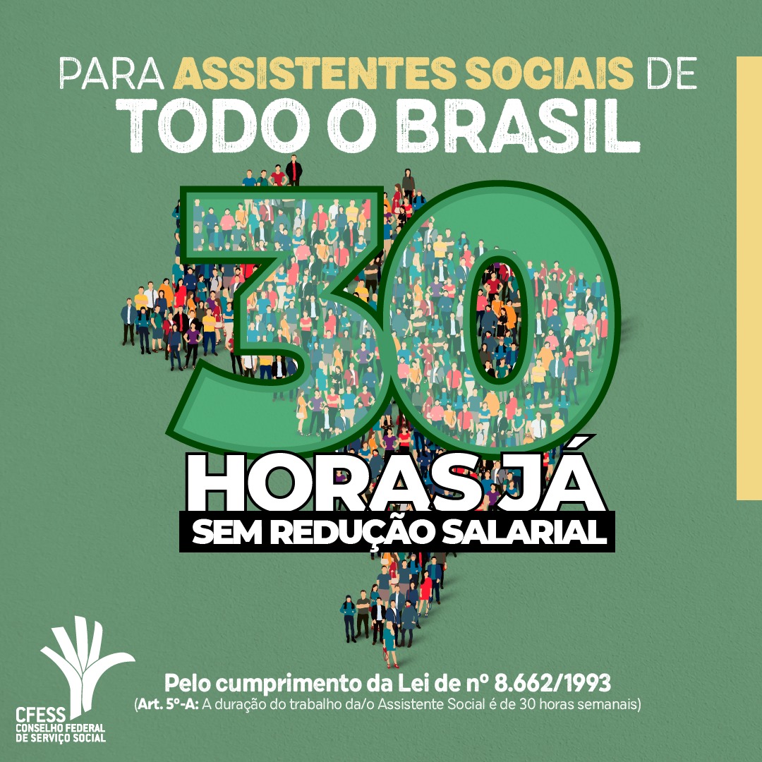 Card destaca chamada para 30 horas para assistentes sociais de todo o país, com um mapa do Brasil formado por desenhos de pessoas representando assistentes sociais