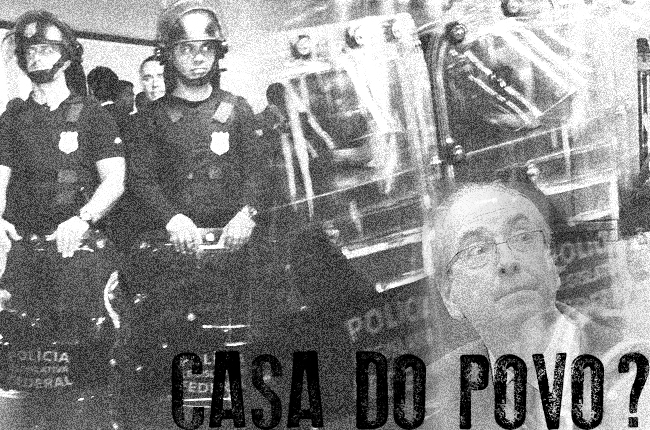 Arte mostra fotomontagem com barreira policial dentro da Câmara e imagem de Eduardo Cunha à frente, e a pergunta: Casa do Povo?   