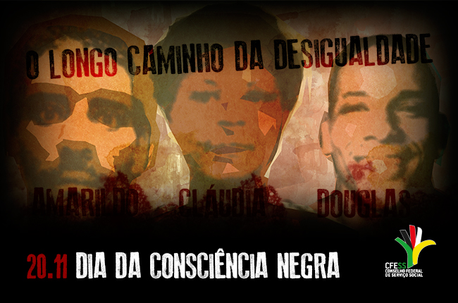Imagem mostra ilustração dos rostos de Amarildo, Cláudia e Douglas, exterminados pelo Estado brasileiro, assim como grande parte da juventude negra e pobre do país