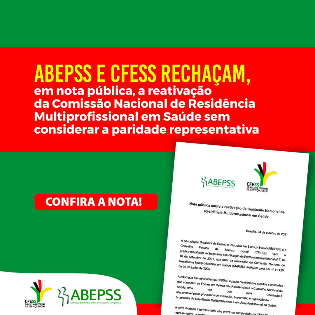 Card com fundo verde e faixa laranja ao centro com título da nota do CFESS e Abepss. Abaixo, uma imagem da nota, com as logos das entidades.