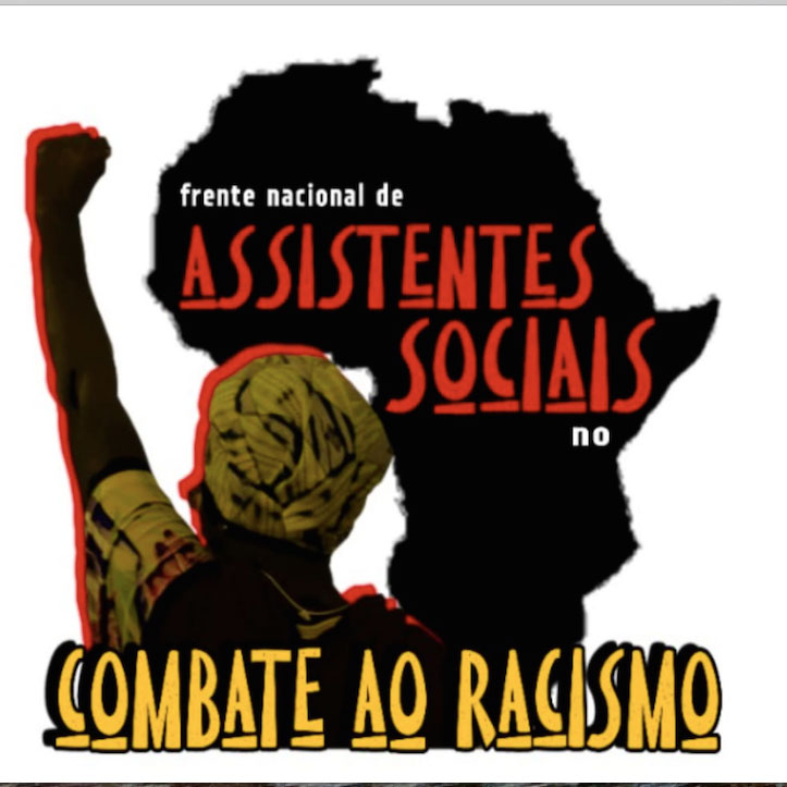 Logo da Frente Nacional de Assistentes Sociais no combate ao racismo, com a imagem de uma mulher negra de costas, com o braço esquerdo levantado e o punho cerrado junto do mapa do Brasil na cor preta.. 