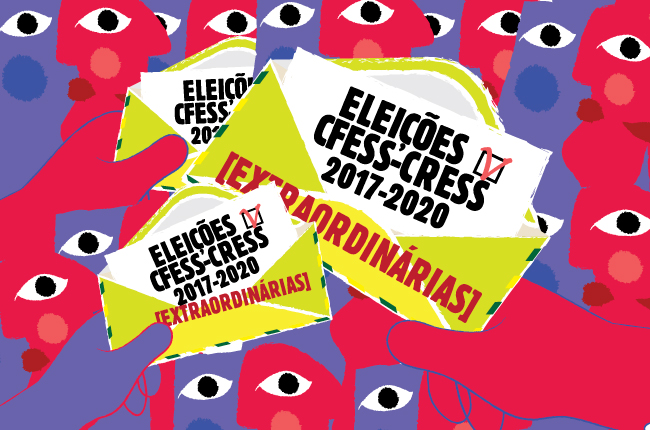 Imagem mostra ilustração de rostos em cores segurando um envelope que representa a cédula eleitoral