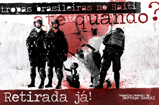 Imagem mostra ilustração de soldados brasileiros subjugando a população haitiana