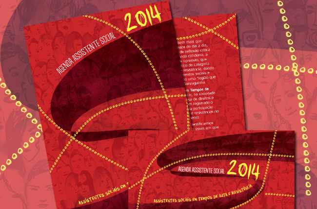Imagem com a ilustração de capa da agenda 2014, em tom vermelho, que mostra trabalhadores e trabalhadoras