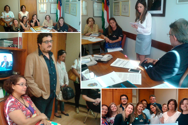 Montagem de fotos mostra assistentes sociais reunidas com o relator do PL Piso Salarial
