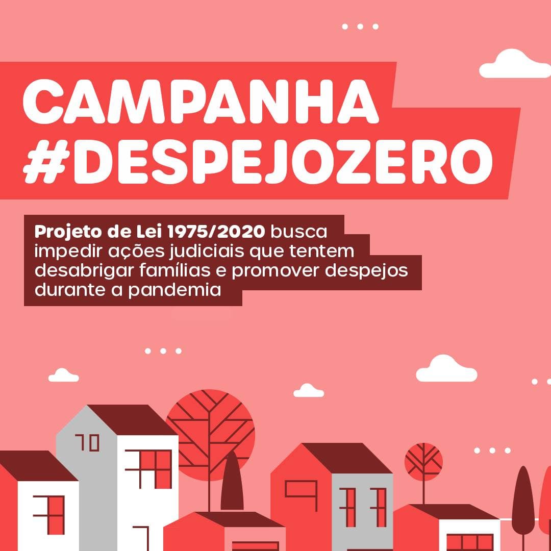 Card de divulgação da campanha Despejo Zero, com fundo vermelho.