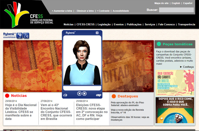Imagem do site do CFESS com a nova ferramenta de acessibilidade em destaque, ao centro